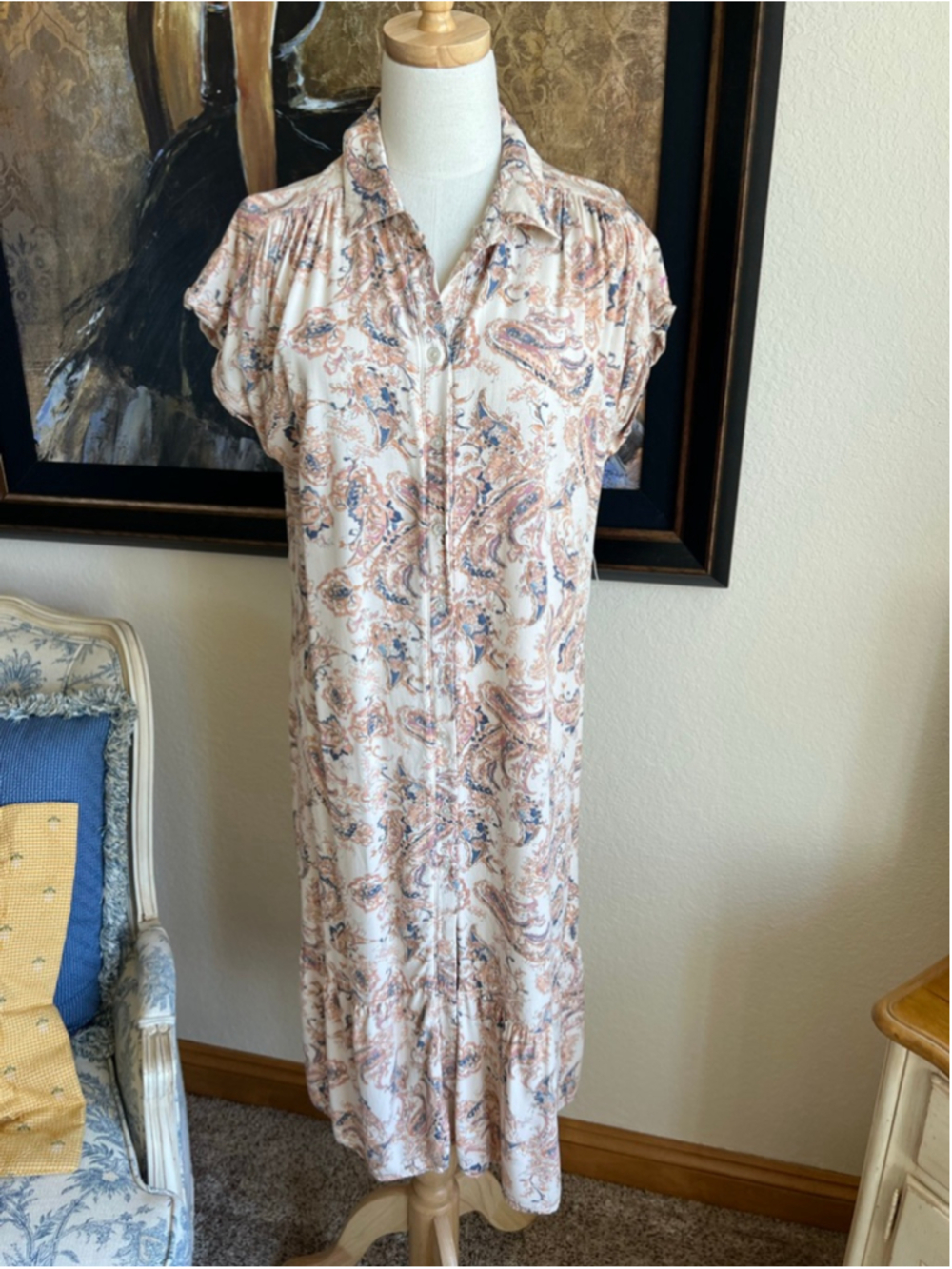 NWT Lucky Brand Paisley Midi Dress M Beige Blue - Picture 3 of 12